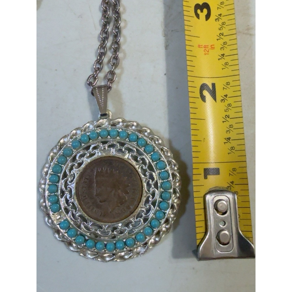 T20157-Vintage 1906 Indian Head Penny Coin Pendant Necklace Turquoise Beads 22" - Picture 8 of 9